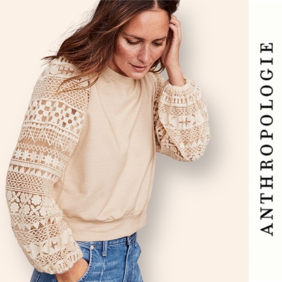 NWT Anthropologie/The Odells Jenna Lace-Sleeve Sweatshirt, Size M, MSRP $158 - Picture 2 of 10